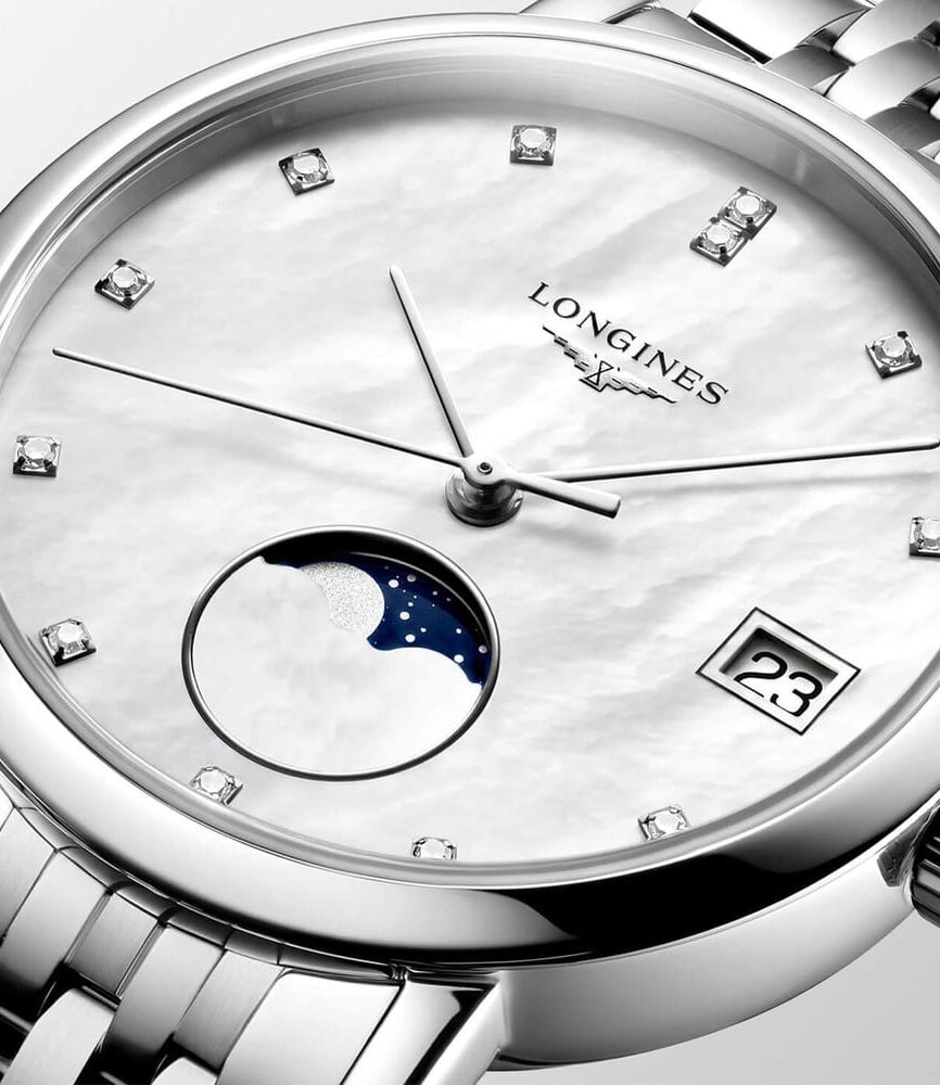 Longines Elegant 30mm MOP Dial Moonphase Diamond Dots Steel Bracelet Watch image number 2