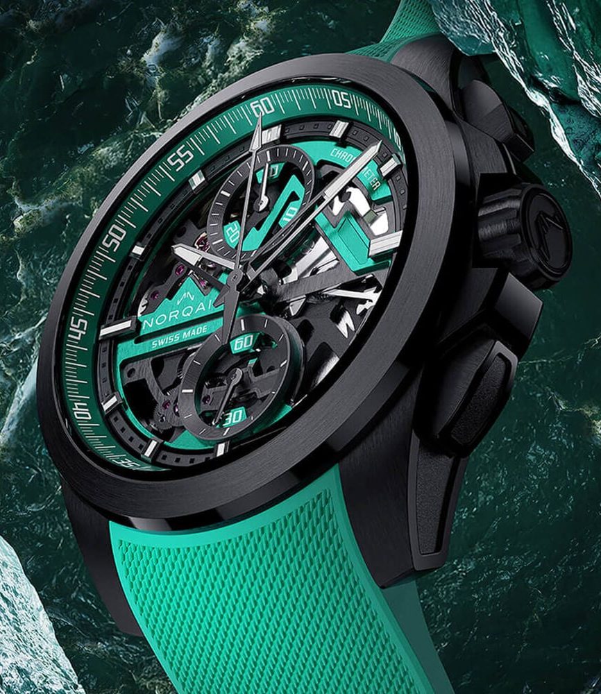 NORQAIN Independence Skeleton Chrono 42mm Dial Titanium Case Green Rubber Strap Watch image number 3