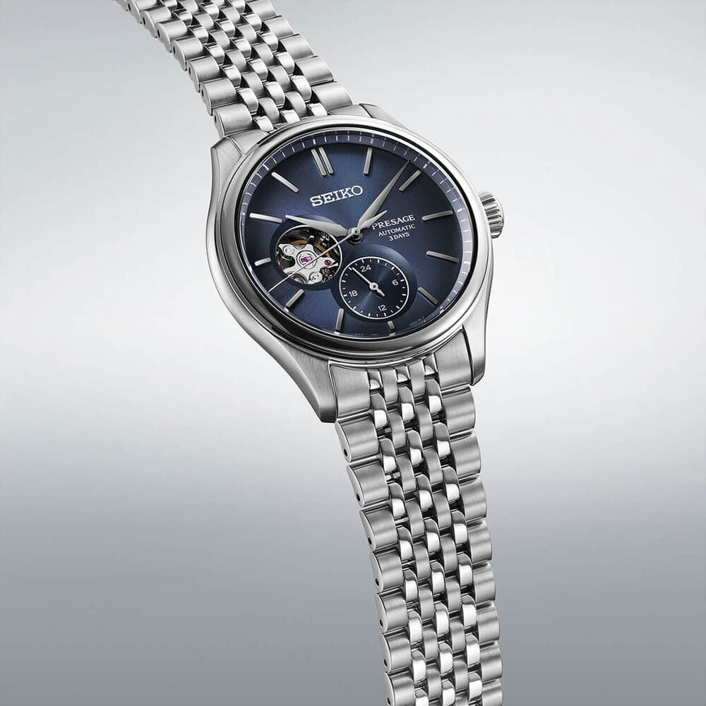 Seiko Presage Classic Open Heart 'Ai-iro' Japan Blue 40mm Dial Steel Bracelet Watch image number 2