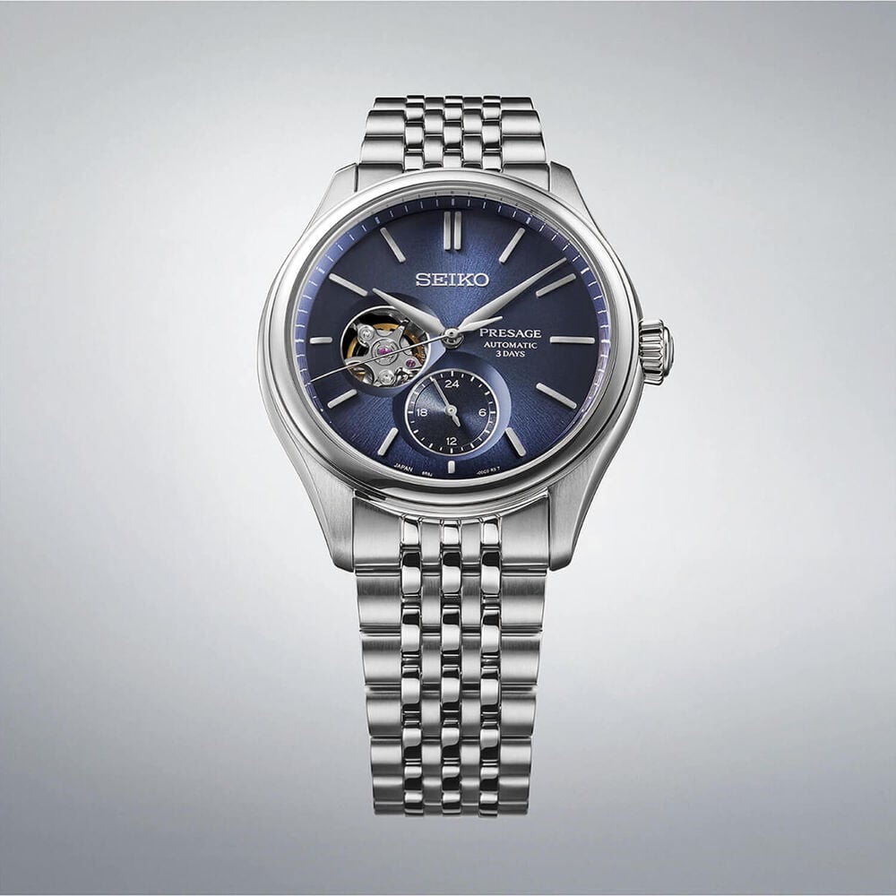 Seiko Presage Classic Open Heart 'Ai-iro' Japan Blue 40mm Dial Steel Bracelet Watch image number 3